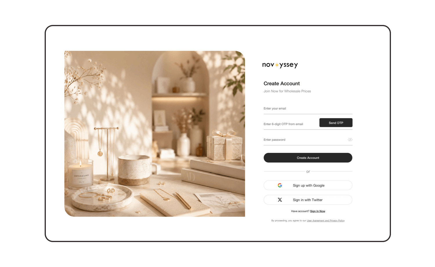 Novyssey buyer account registration screen